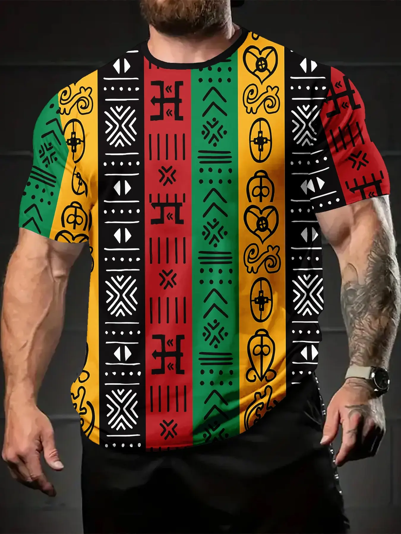 Tribal Totem Stripe Mixed Trendy 3D Digital Printing Fitted Streetwear T-shirt, Casual Versatile Sports Men's Crew Neck Short Sleeve, Suitable for Daily Wear, Perfect Holiday Gift for Men