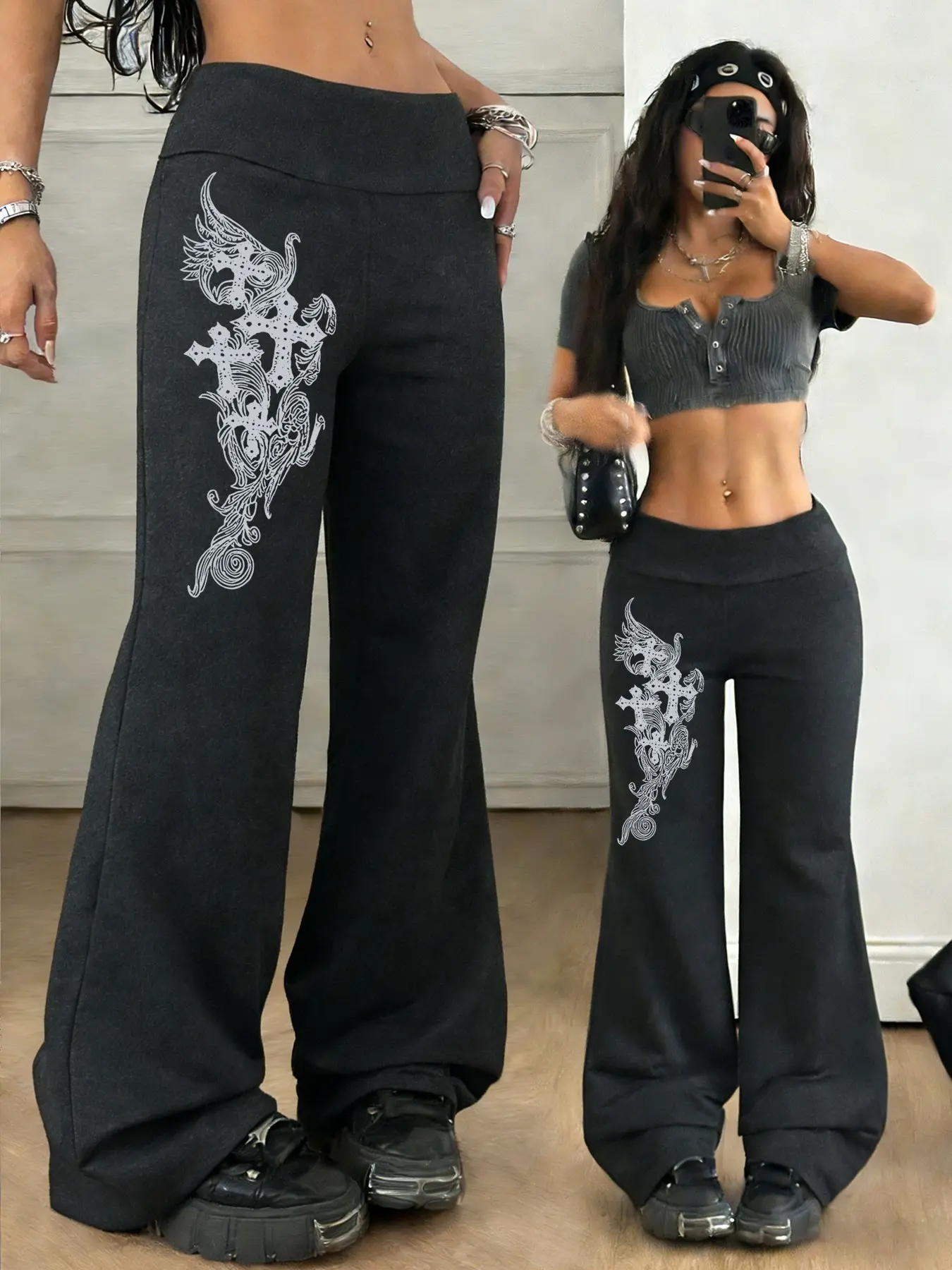 Y2K Gothic Print Flared Pants – High-Waist Casual Pants, Perfect for Streetwear and Grunge Styles | Popular TikTok Trend, Stretchy and Slim-Fitting, Perfect for 2026 Y2K Revival and Cute Fashion Looks