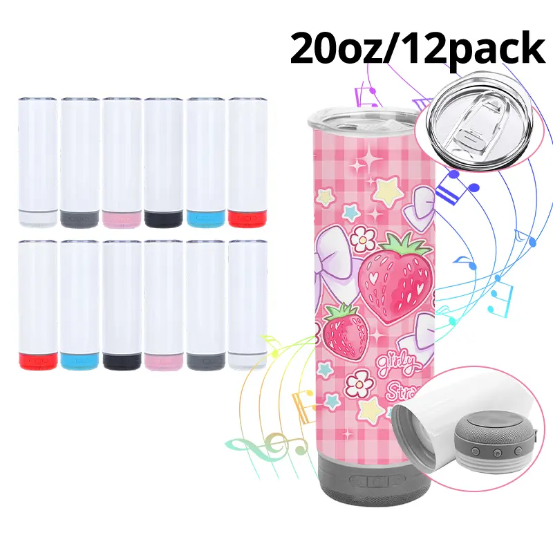 Crafix 12pcs 20oz Sublimation Music Water Bottles - Stainless Steel Double Insulated Speaker Tumblers, Smart Tumbler Plastic Straws Included, Custom-Printed Logo Vacuum-Sealed Travel-Friendly Kitchen Drinkware, Custom-Printed Water Bottles, Water Bottles