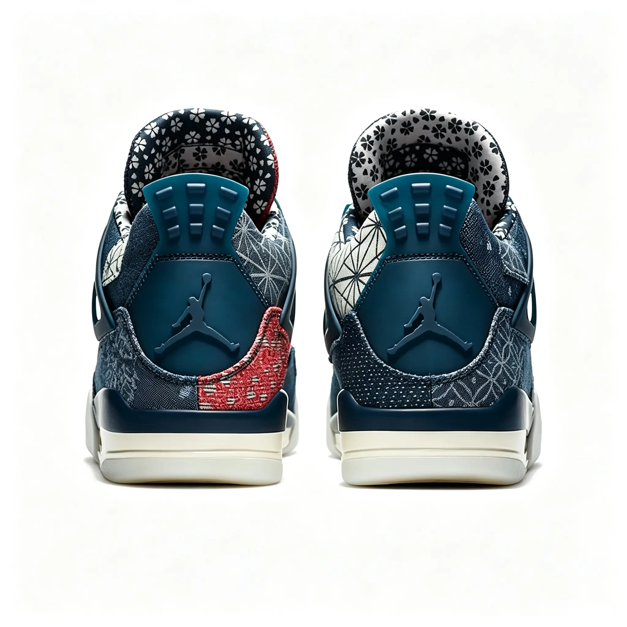 Brand New Sealed with Original Shoe Box Unisex Smooth Leather & Printed Fabric Multi-Color Navy Blue Red Pattern Retro Basketball Sneakers, Ethnic Pattern Streetwear Footwear, Collectible Sports Shoes for Daily Outdoor & Fashion Matching Outfit