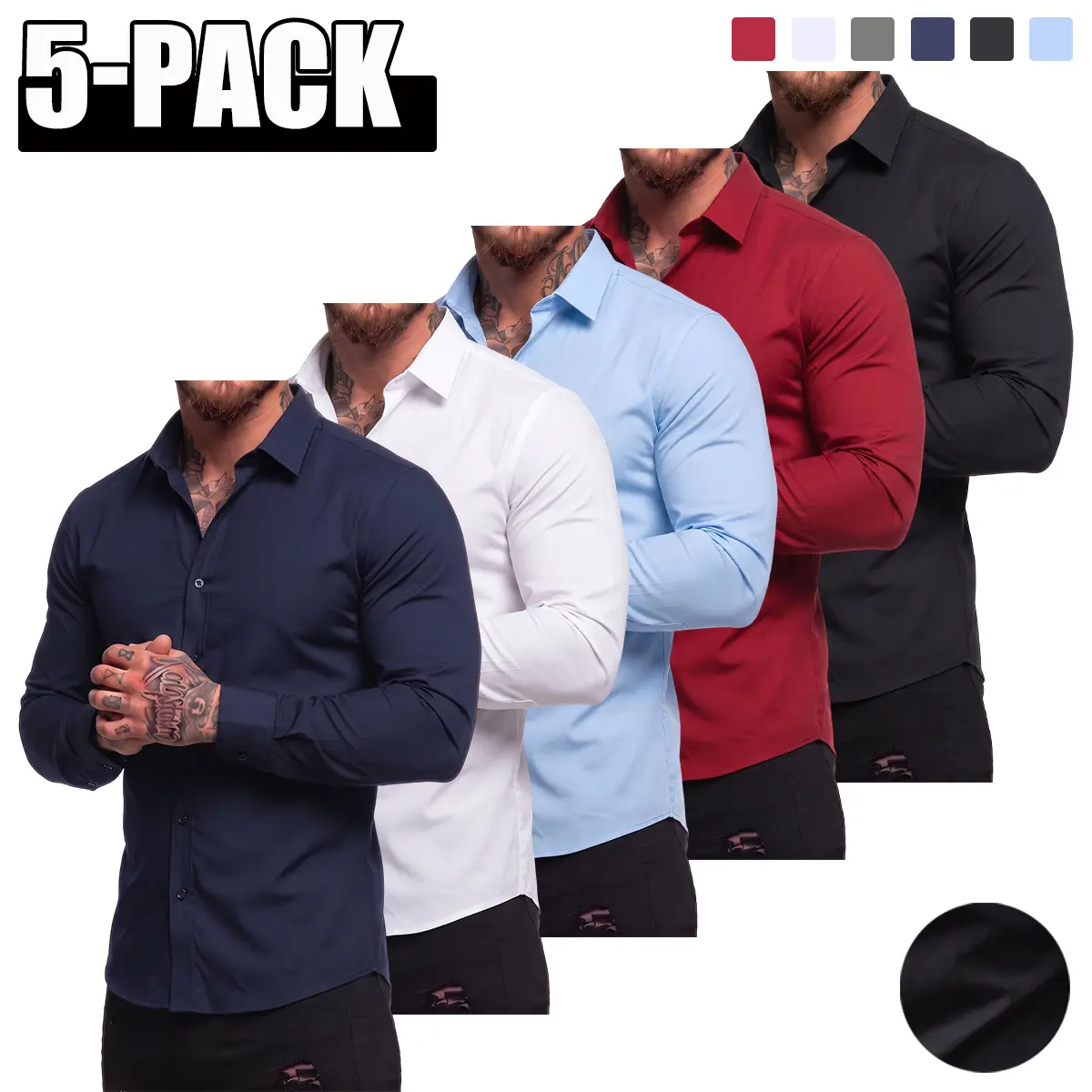 JOGWAVE Mens 5PCS Longsleeves Slim-Fit 4-Way Stretch Button-Down Shirts, Polyester Blend Solid-Colored Men's Dress Shirts, Business Wear, Chic Retro, Business Casual Top for Fathers
