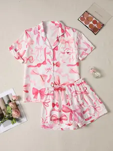 Women's Bow Print Floral Short Sleeve Pajama Set, Casual Comfy Button Up Top & Shorts Pj Set, Ladies Sleepwear for Summer, Loungewear, Pyjamas, Homewear, Womenswear