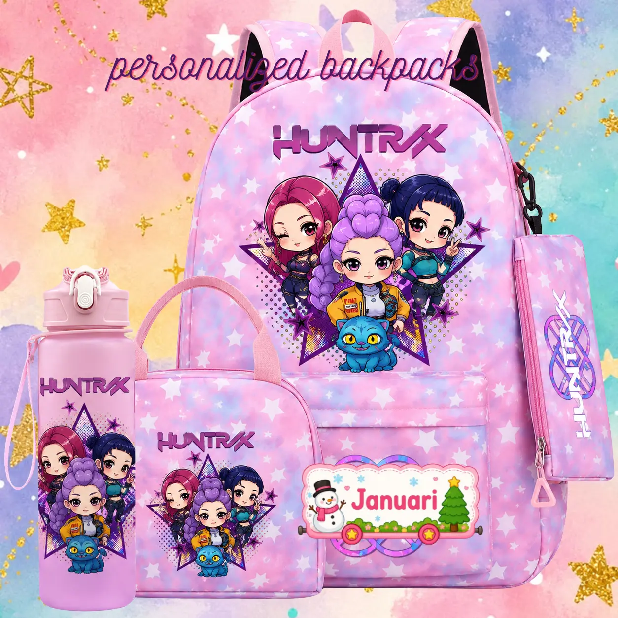 Pink backpack with custom name printing – 4-piece set HTx