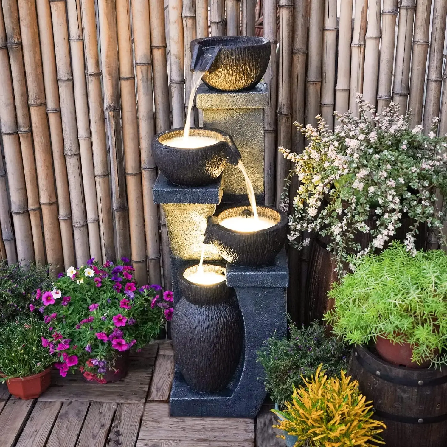 37.4”H Outdoor Water Fountains 4- Crocks Modern Garden Fountains with LED Lighting Indoor Resin Decor for Garden Patio, Deck, Porch, Backyard Home Art DéCor