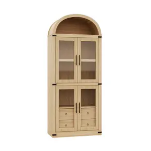 71.4 Inch Arched Bookcase with Glass Doors and Drawers, Modern Farmhouse Tall Storage Cabinet, Wood Display Shelf Pantry Cabinet with Metal Guards for Living Room Office Kitchen Bedroom in White or Natural Wood