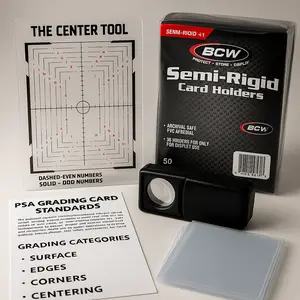 Card Grading Submission Kit Deluxe – PSA Ready | Centering Tool, LED Magnifier, 50 Semi-Rigid Holders, 200 Soft Sleeves, Cleaning Cloths card sleeve Lip