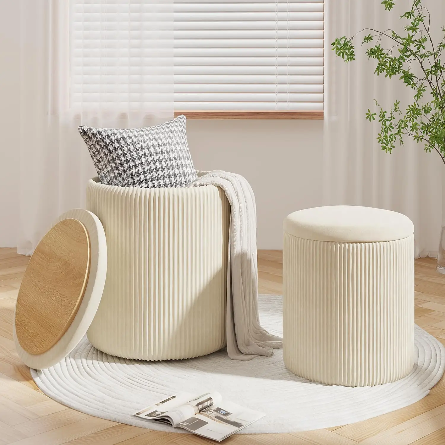 Round Ottoman Vanity Stool with Storage Set of 2, Beige Velvet Round Ottoman with Storage, Multifunctional Round Storage Ottoman Foot Rest, Storage Ot