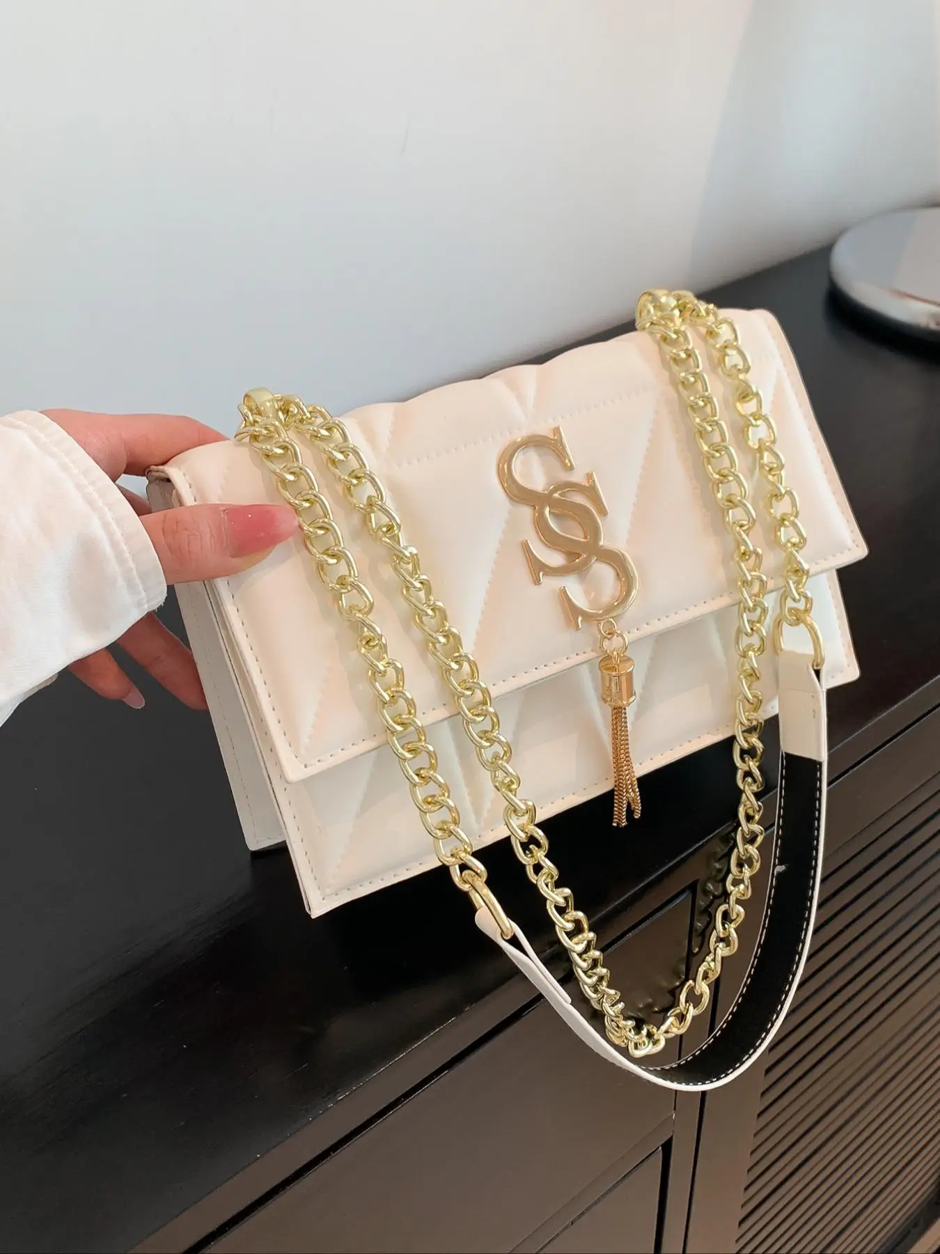 Women's Summer Chain Strap Letter & Tassel Decorated Flap Shoulder Bag, 2025 Back To School Solid Quilted Square Bag, Vintage Chic Wallet Crossbody Ba