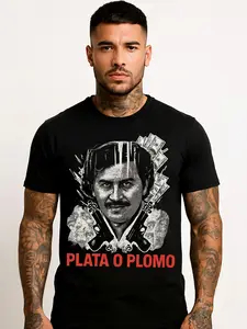 Men's Domestic Cotton Short-Sleeve Round Neck T-Shirt - Narcos-Inspired Pablo Escobar Plata O Plomo Digital Print, Latin Streetwear Casual Top