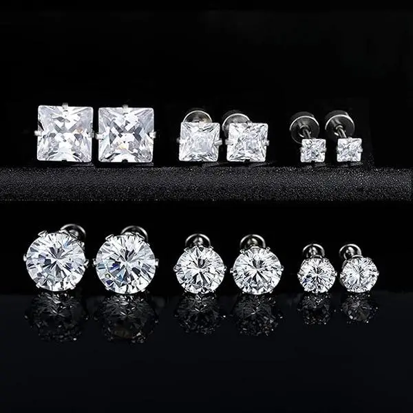 6-Pair Hypoallergenic Titanium Stud Earrings Set - Square&Round Cubic Zirconia, Non-Tarnish Dainty Piercing Jewelry for Men Adults, Surgical Stainless Steel Home Improvement Wallpaper & Wall Trim Accessory