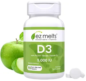EZ Melts Dissolvable Vitamin D3 5,000 IU - Vegan Vitamin D Supplement for Bone & Teeth Support - No Artificial Flavors - Plant-Based & Non-GMO - Green Apple - 90 Dissolvable Tablets (90 Servings)