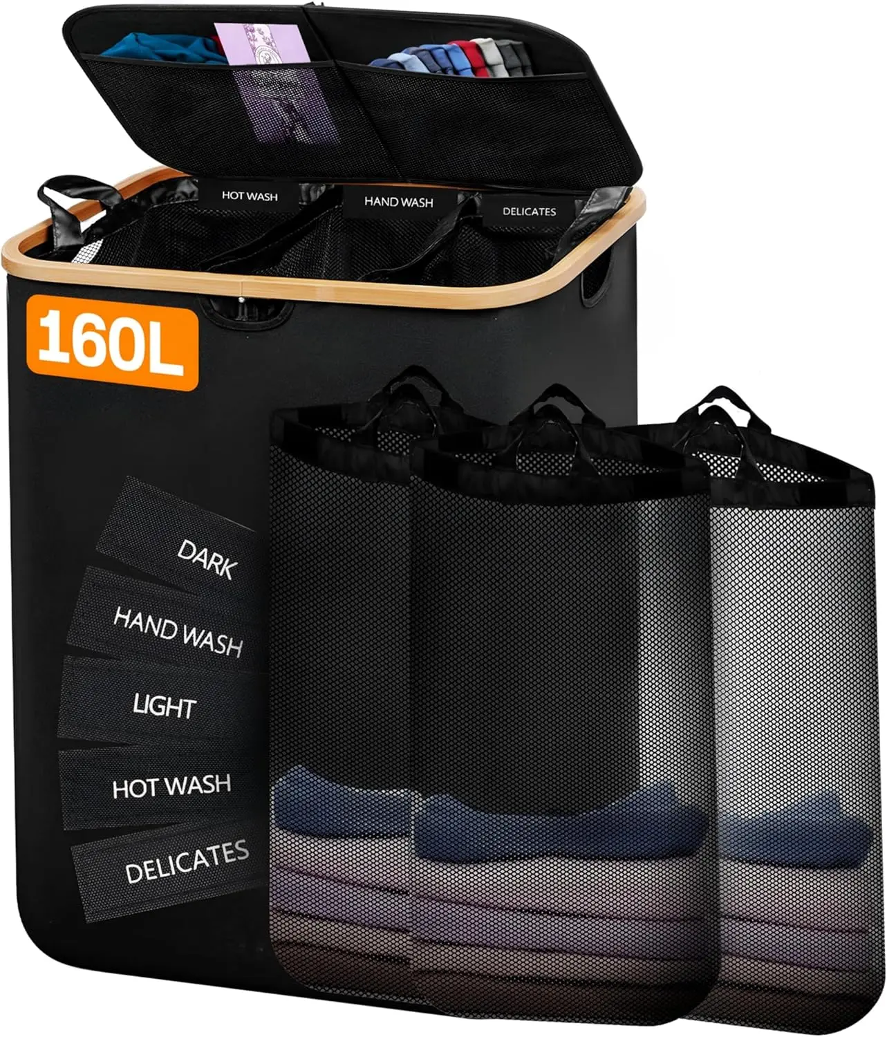 Sleek 160L Laundry Hamper with Lid - 3 Sections Removable Bags, Sturdy Bamboo Frame, Durable 600d Oxford Fabric, Lavender Sachet, Foldable Design