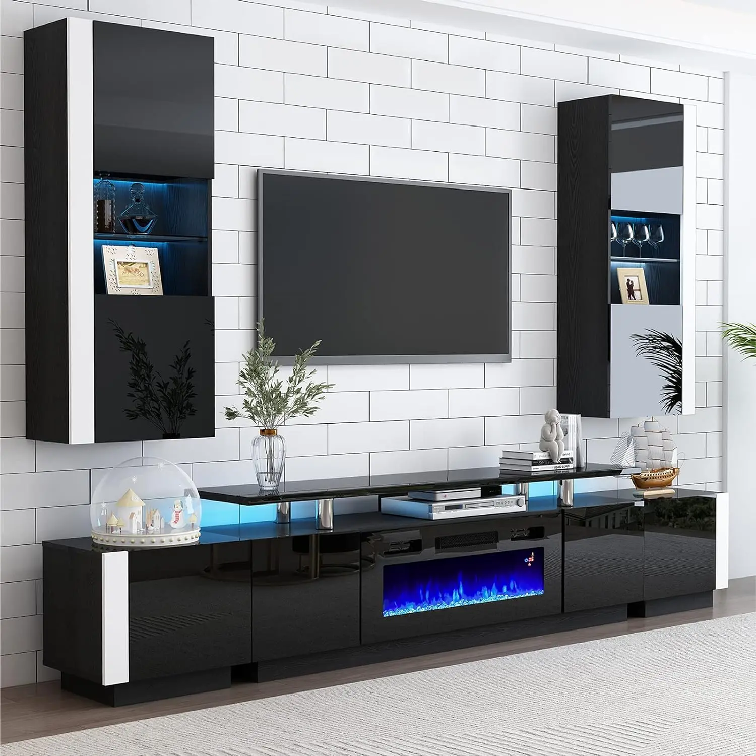 AMERLIFE Wall Unit Entertainment Center with Fireplace and Bookshelves, Includes 70" 2-Tier Fireplace TV Stand, 2 x Wall Cabinets & 2 x End Tables, Modern LED Lightss TV Console for Living Room, Black