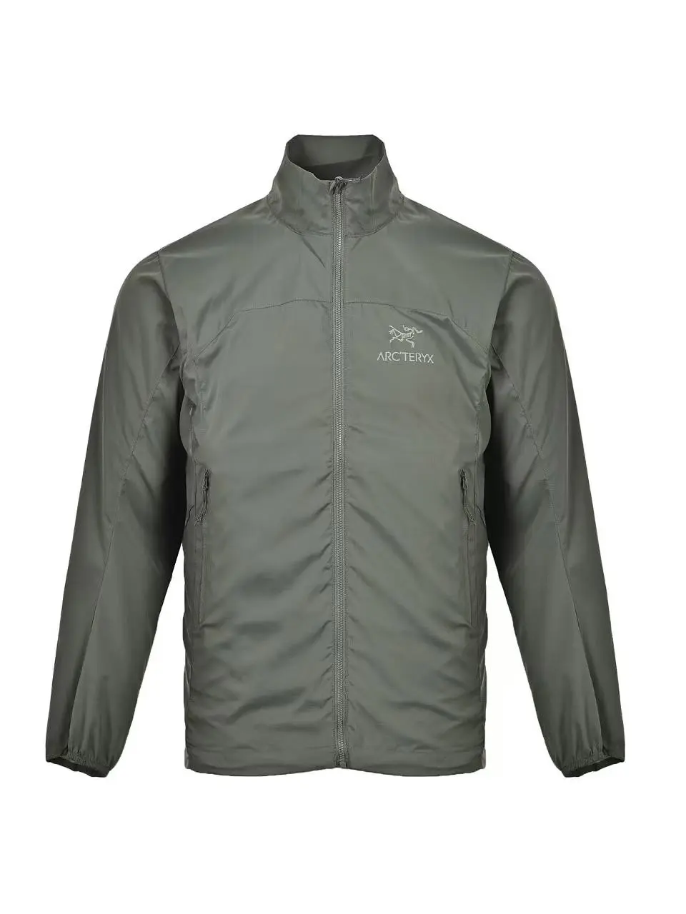 Olive Green Stand Collar Lightweight Jacket Full Zip Zipper Pockets Elastic Cuffs Windproof Casual Outdoor Coat
