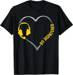 100%cotton 911 Dispatcher Thin Gold Yellow Line Heart 911 Dispatcher T-Shirt