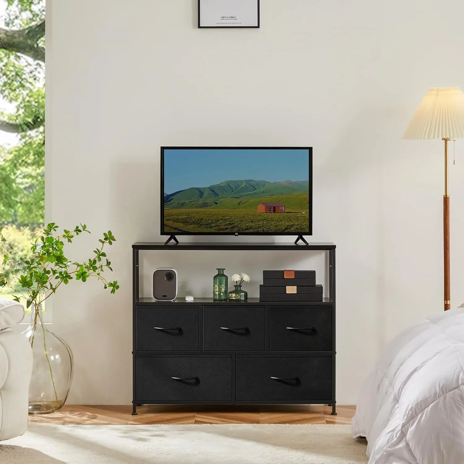 5 Fabric Drawer Dresser TV Stand for Bedroom, Entertainment Center for 45 Inch TV with Storage Drawer Unit, Open Shelf, Adjustable Feet, Living Room Furniture Organizer