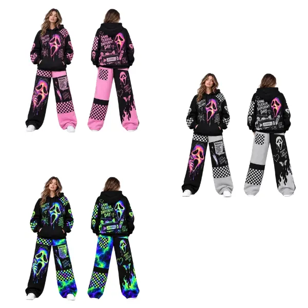 Creepy Night Gothic Tracksuit Set | Dark Halloween Graphic Hoodie & Baggy Sweatpants | Oversized Unisex Alternative Streetwear