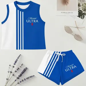 Michelob Ultra Women’s Crop Top and Sport Shorts Set, Blue White Striped Athletic Colorblock Summer Outfit, Gift for Her