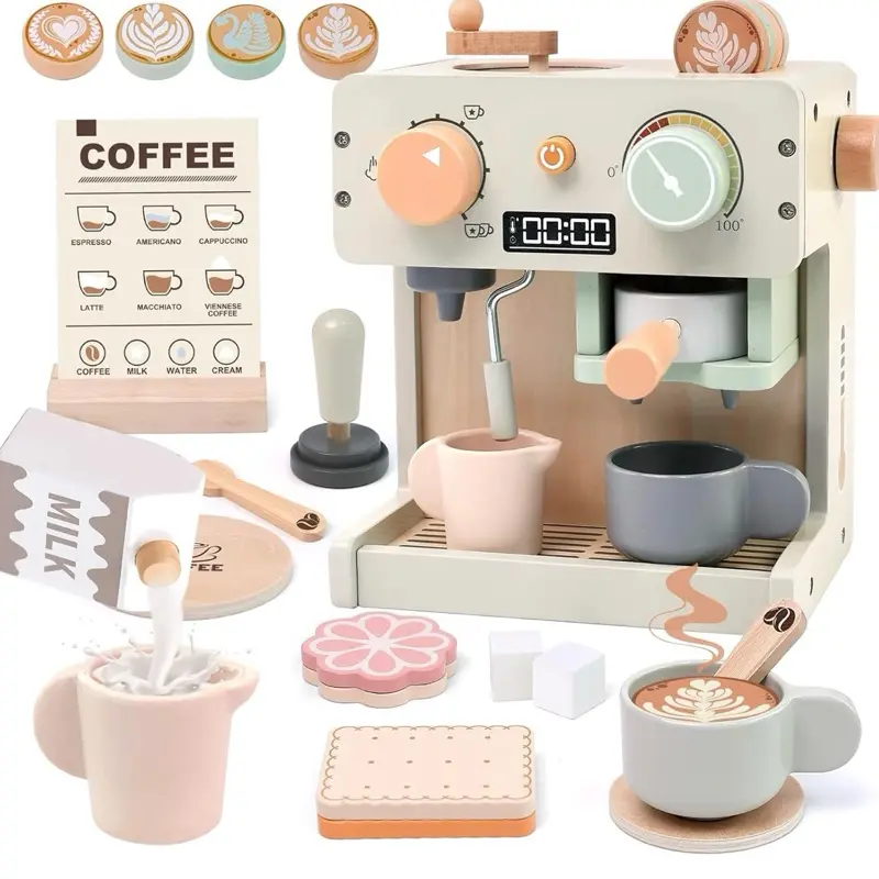 Toy Coffee Maker for Kids Wooden Coffee Playset with Grinder, Realistic Pretend Play Kitchen Accessories Montessori Learning Toys Birthday Gifts for Girls Boys Ages 3 4 5 Years