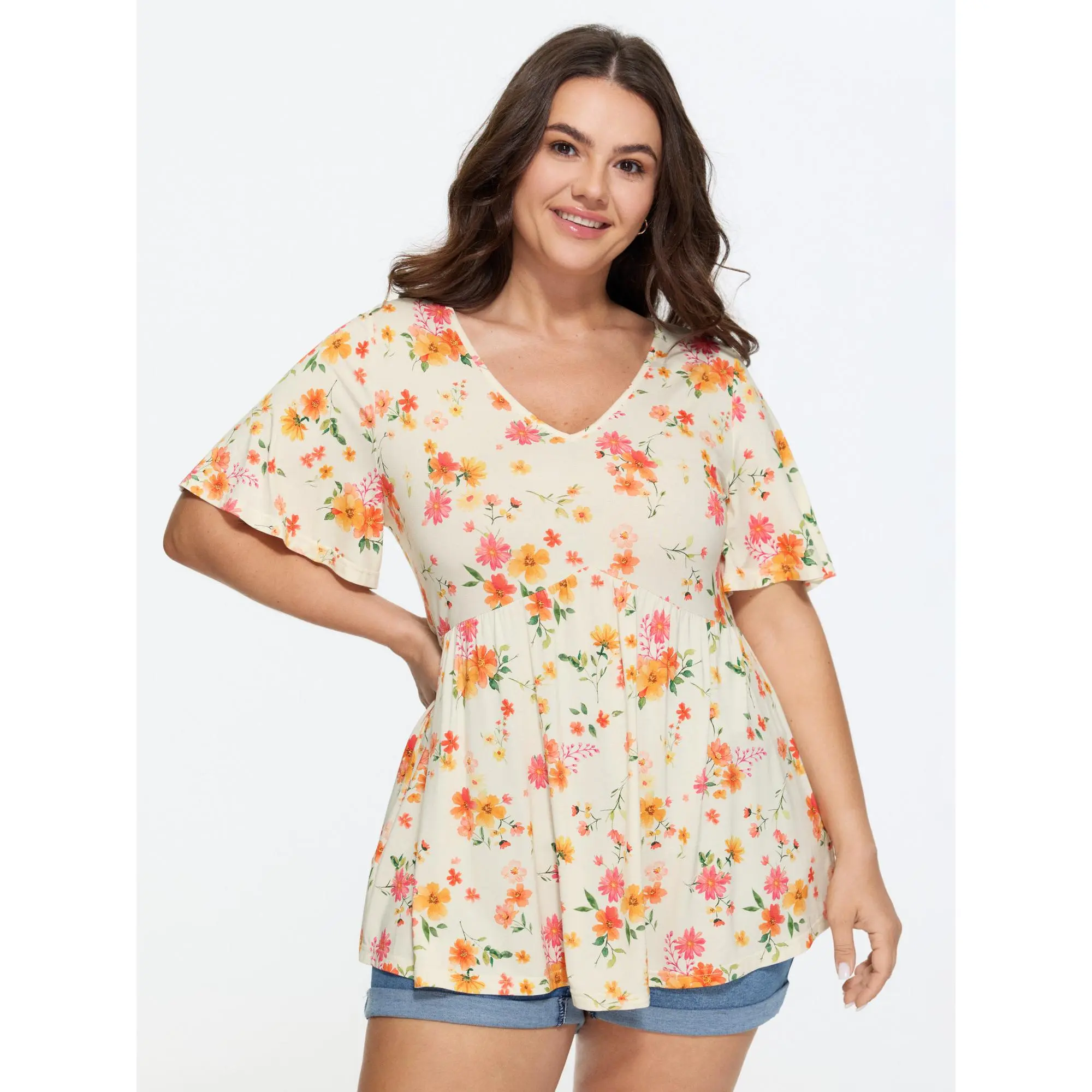BLOOMCHIC Women's Plus Size Stretchy Floral Print V-Neck Shortsleeve Spandex Fabric Knit Blouse Garment [M-6X], Summer Top,Summerfinds, Fit, Flutter Sleeve, Knit Top, Elastane, Plus Size Tops, Trendy Blouses