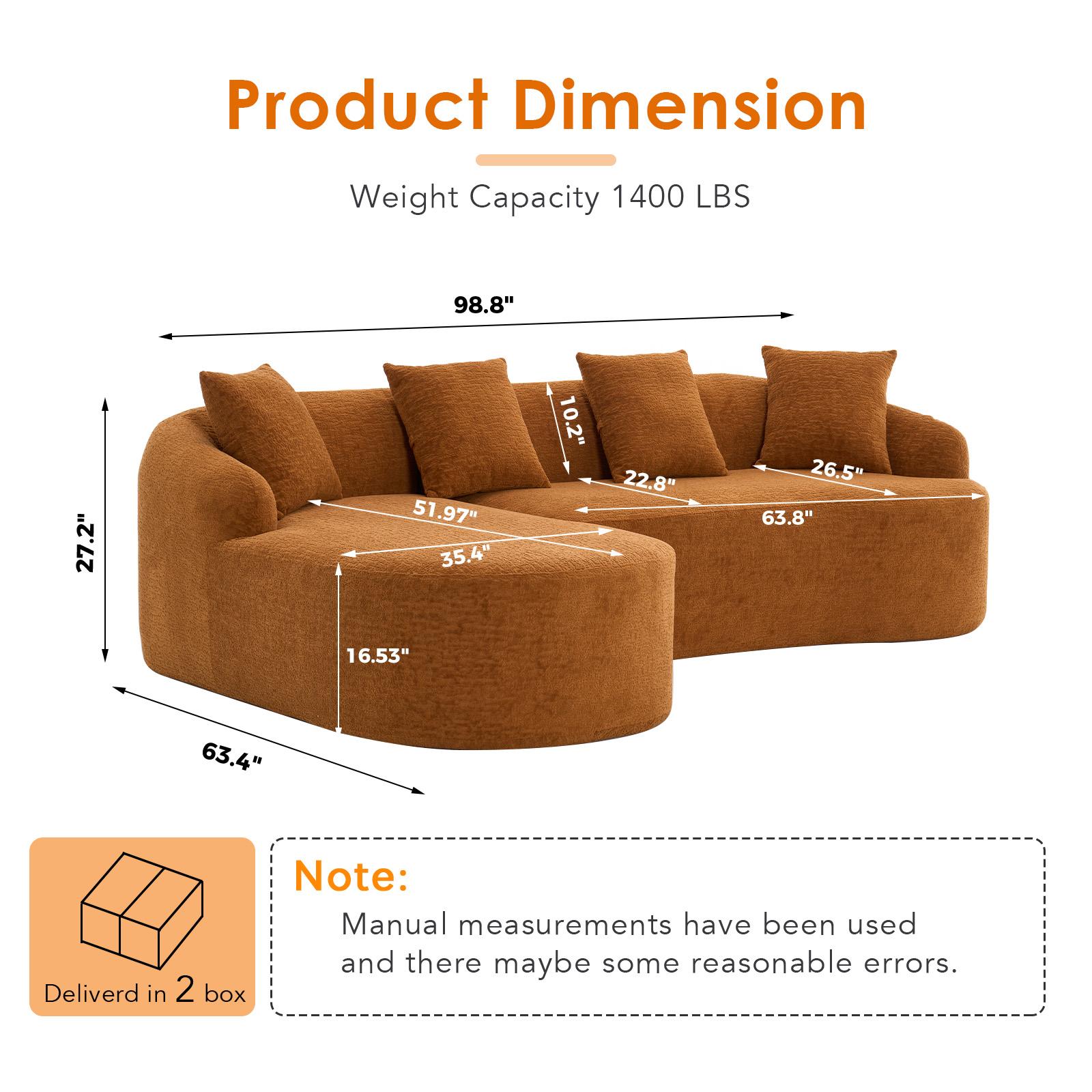 L-Shaped Compression Sponge Sofa with Curved Chaise, No Assembly Modular Chenille Couch, 30D High-Density Foam for Living Room, Bedroom, Apartment & Lounge