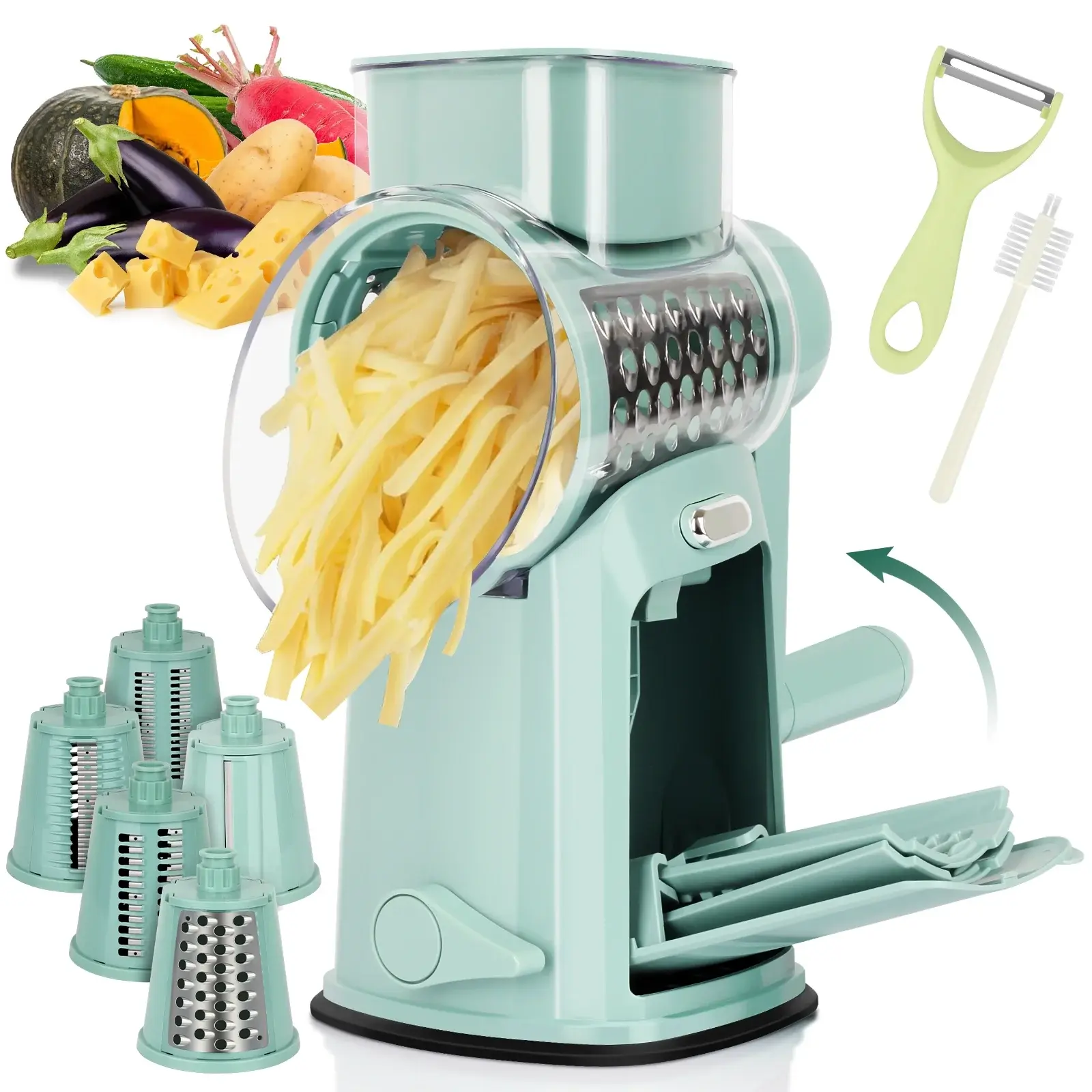 Hand Rotary Cheese Grater with 10 Blades, Peerler & Cleaning Brush with Blade Storage, Easy to Clean Detachable Mandoline Slicer for Vegetable, Fruit, Strong Suction Base for Kitchen (Green)