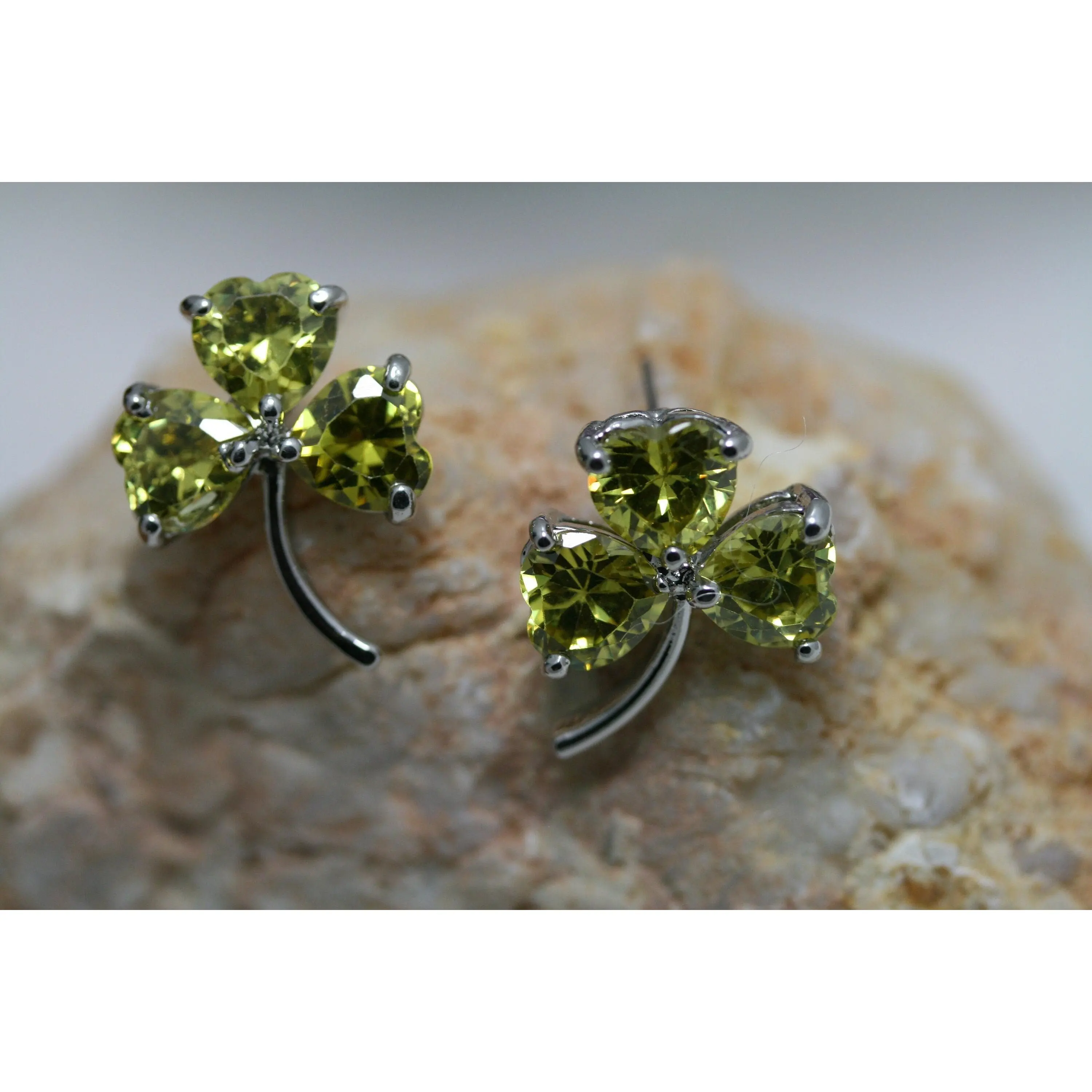 Rhinestone Irish Shamrock Three-leaf Clovers Stud Earrings IRISH St Patrick's Day Jewelry Gift Prong-setting Like Diamond Unisex 1" x 3/4" Green Stones