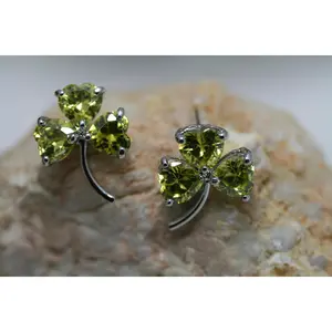 Rhinestone Irish Shamrock Three-leaf Clovers Stud Earrings IRISH St Patrick's Day Jewelry Gift Prong-setting Like Diamond Unisex 1" x 3/4" Green Stones