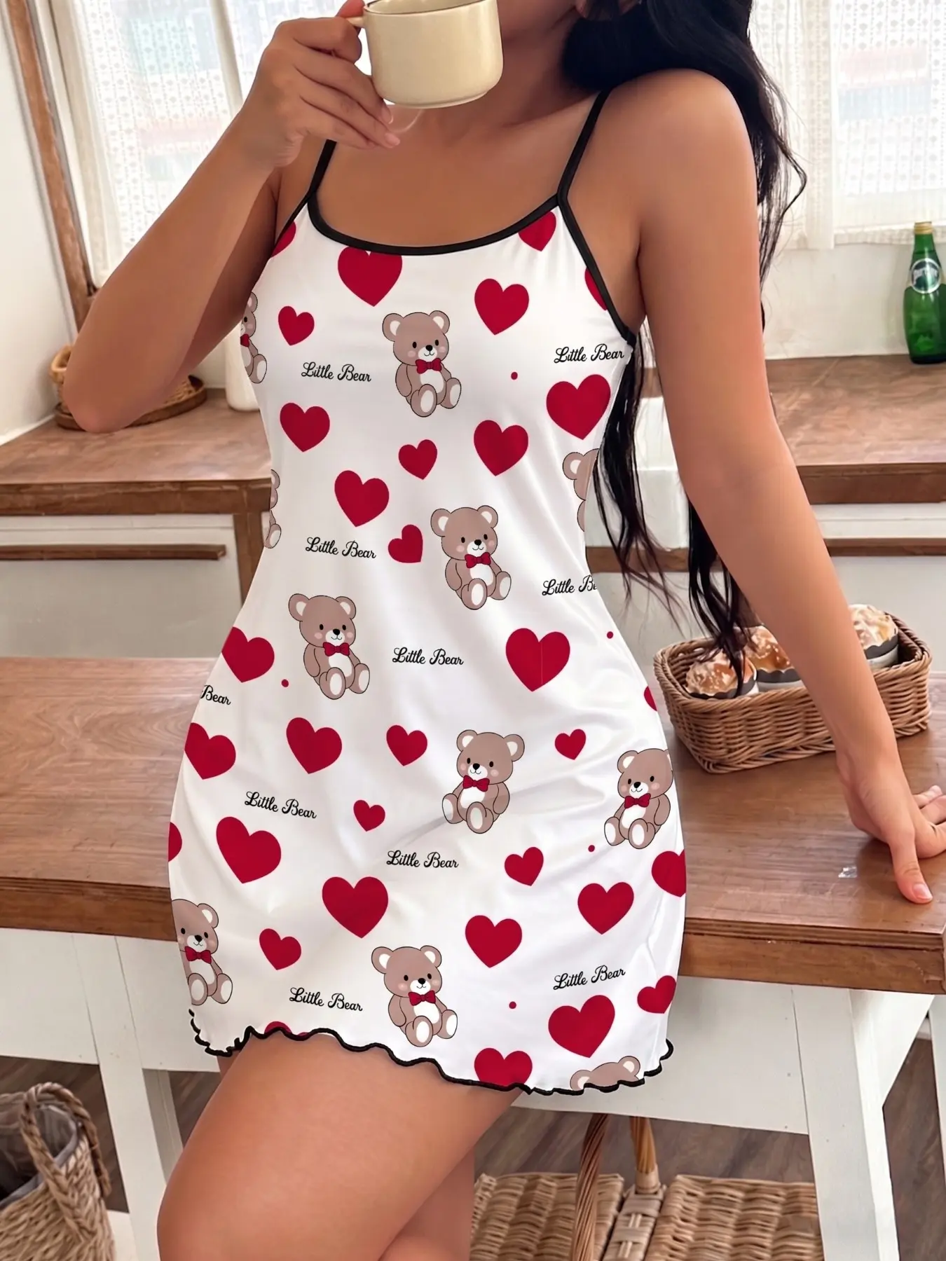 Sexy Women's Sleeveless Nightdress, Printed Nightgown, Heart Bear Pattern, Elegant Straps, Casual Comfortable Home Wear, Nightwear, Fitted Style, All over Print, Womenswear