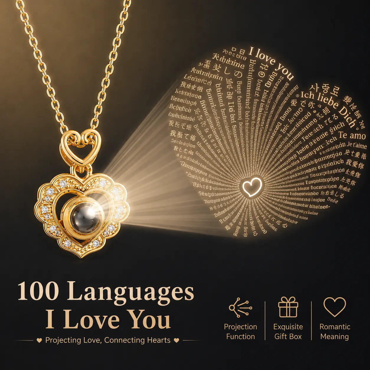 ARPURRAINA Women's Customized 100-Language "I Love You" Night Projection Heart Locket Necklace, Stainless Steel Chain with Zircon Snowflake Charm, Romantic Love Heart Necklace Gift for Valentine's Day, Anniversary, Heart Locket Necklaces, Love Heart Neckl
