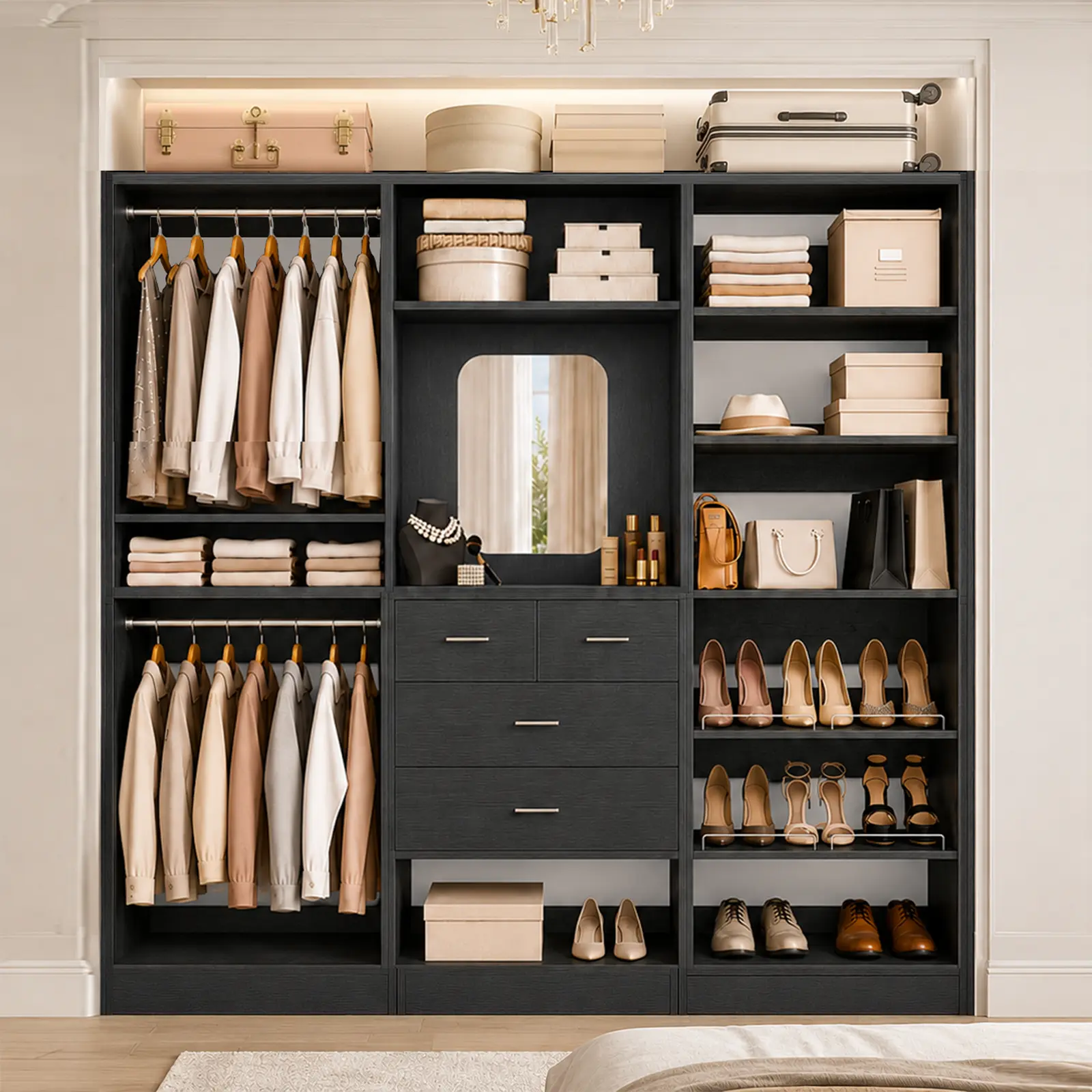 Black Modular Closet System, Modern Wood Clothes Armoire Walk-in Closet Organizer Wardrobe Cabinet with Drawers and Adjustable Shelves for Bedroom Furniture