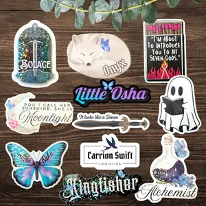 Quicksilver Book Inspired Stickers for Decorating Kindle Laptop Phone Water Bottle Vinyl Waterproof Bookish Romantasy themed decals with Solace Moonlight Little Osha Carrion Swift Logistics Kingfisher Alchemist, It looks like a Simon Quote Designs