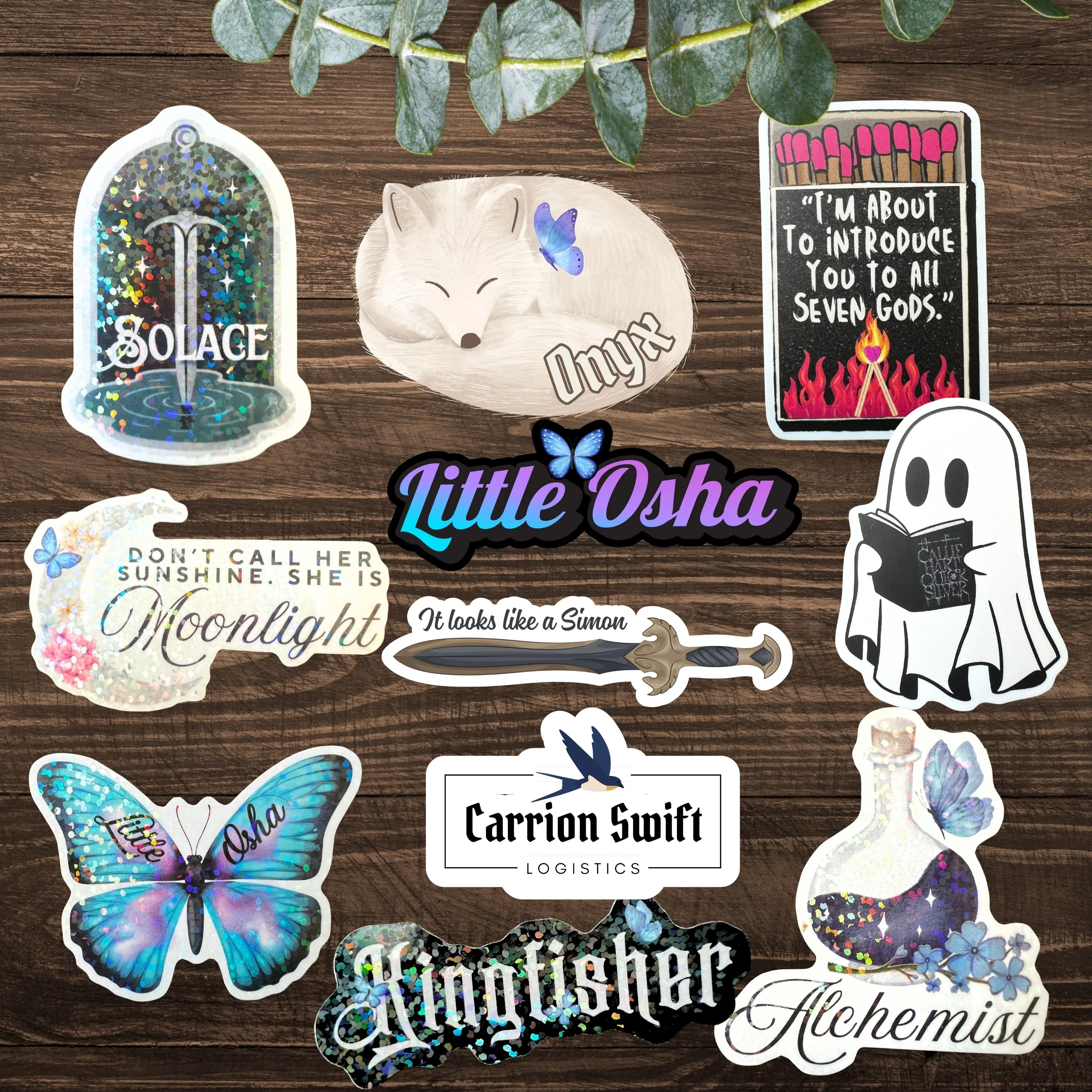 Quicksilver Book Inspired Stickers for Decorating Kindle Laptop Phone Water Bottle Vinyl Waterproof Bookish Romantasy themed decals with Solace Moonlight Little Osha Carrion Swift Logistics Kingfisher Alchemist, It looks like a Simon Quote Designs
