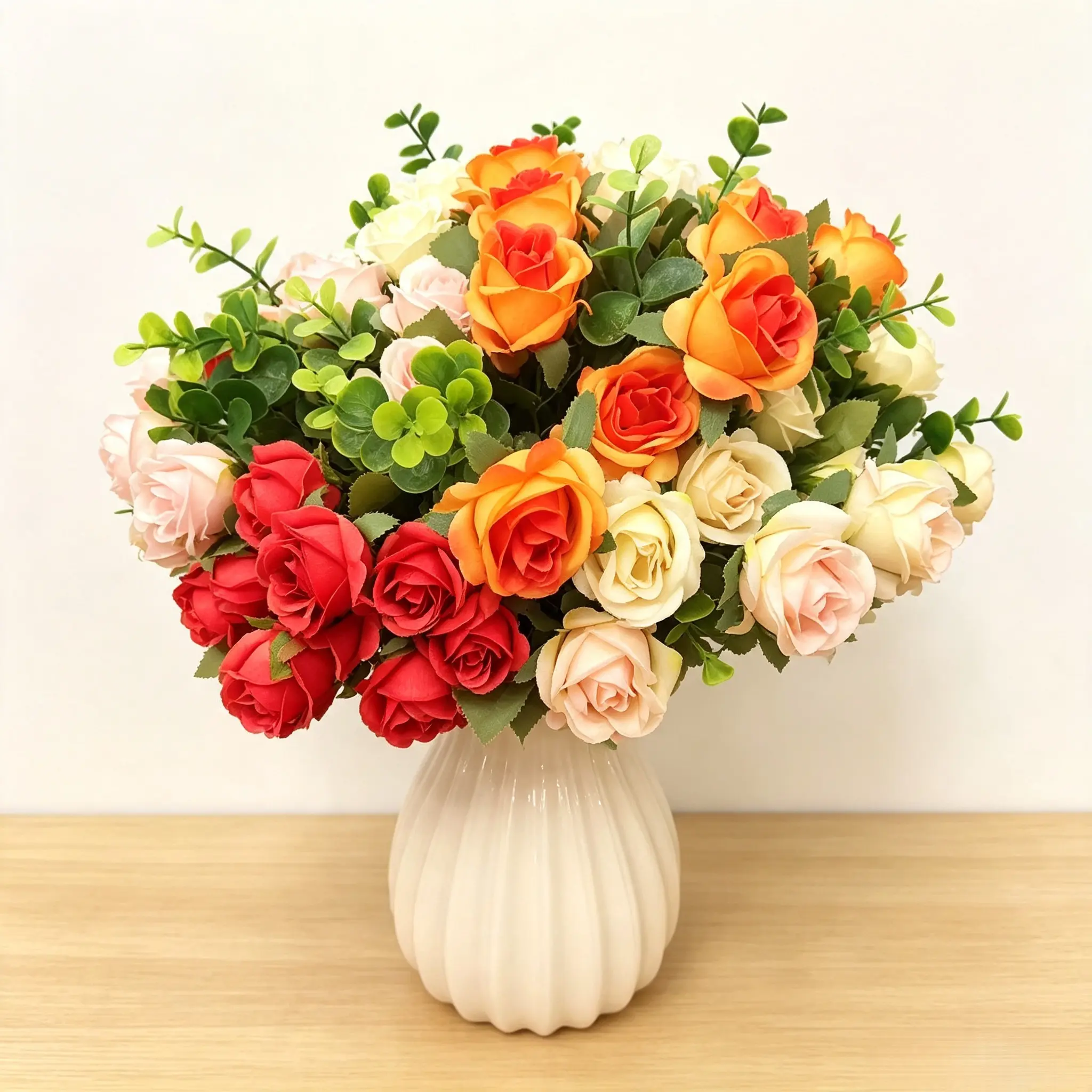 6 bouquets totaling 66 roses in vintage orange, red, and white mixed artificial rose arrangement with eucalyptus leaves, real-touch silk faux rose flower arrangement, decorative floral bundle with vase for farmhouse table centerpiece, wedding bedroom coff