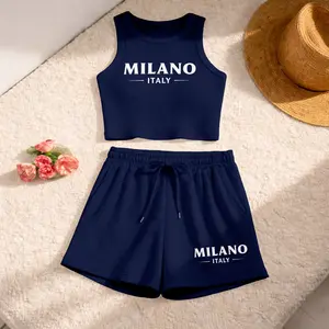 Women's Milano Italy Print Sleeveless Tank Top And Drawstring Shorts Set, Casual Summer Sportswear Two Piece Outfit, Ribbed Knit Tank And Shorts Set For Everyday Wear