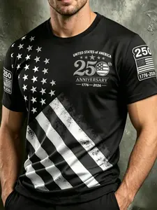 Summer Casual Classic Men's American Patriot Flag Print T-Shirt, Round Neck Short Sleeve Independence Day Pattern Top, Fitted Long T-Shirt
