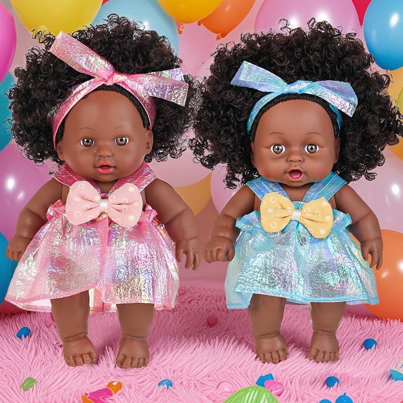 Ecore Fun 2 Pcs 8 Inch Black Baby Doll African Washable Realistic Silicone Baby Dolls with Clothes and Hairband…