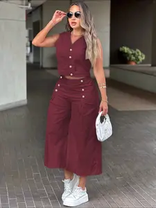 Women Sleeveless Button Crop Top and High Waist Wide Leg Pants Two Piece Set Womenswear, Casual Chic Summer Outfit Easy Matching Look