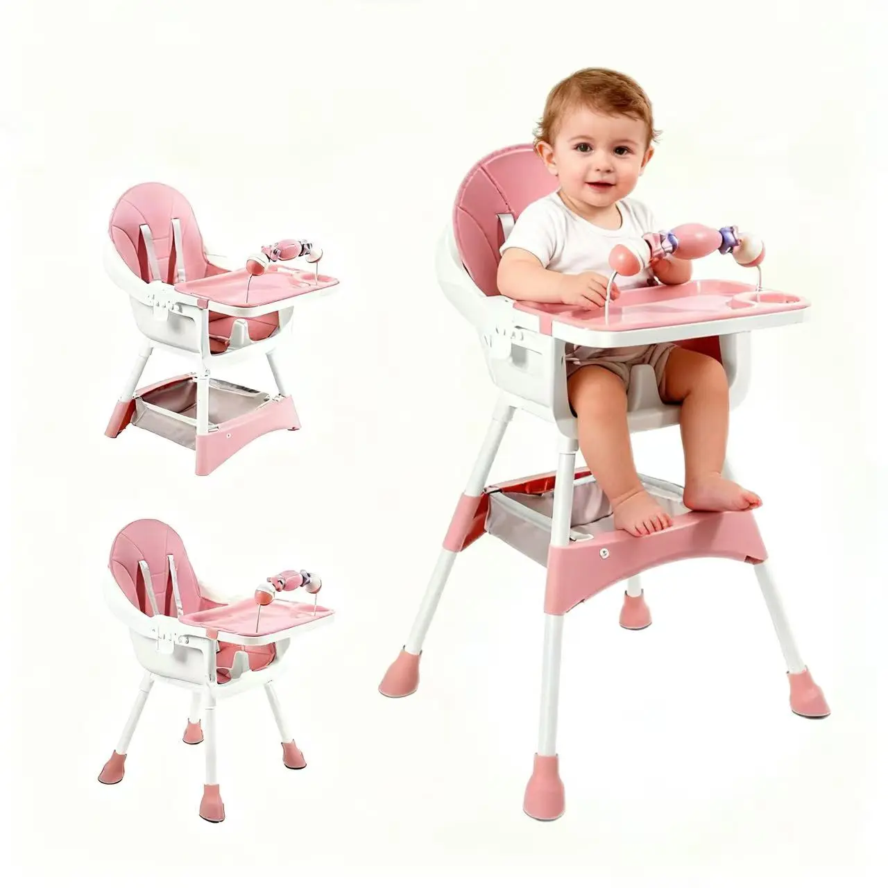 3-in-1 Baby High Chair for 6–36 Months, Convertible Infant Feeding Chair with Adjustable Tray, PU Cushion & Activity Toys, Baby Dining Seat with Lockable Wheels – Ideal for Feeding, Play & Rest (Pink) double removable tray silla para comer be detachable p