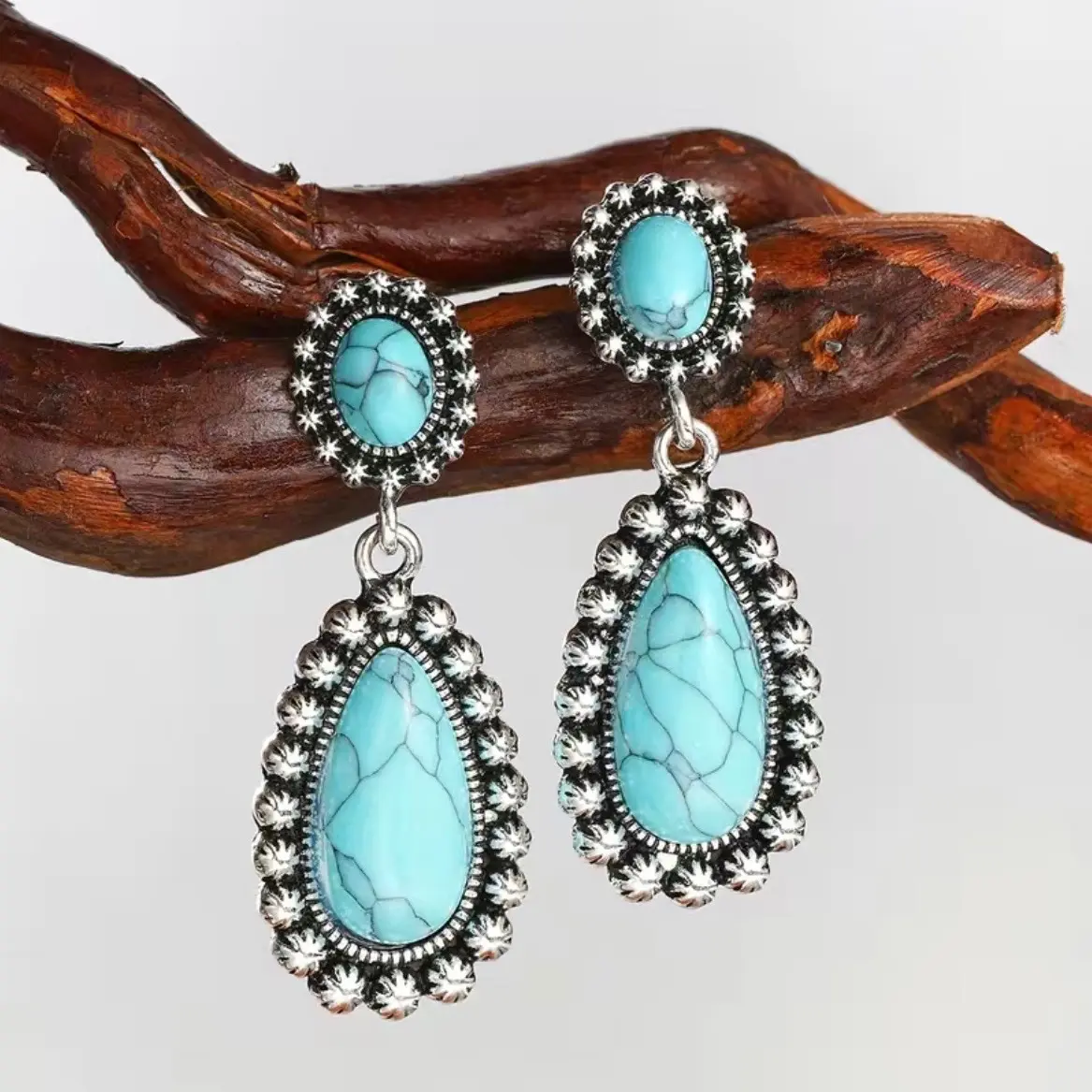 Big Dangle Turquoise Earrings Drop Vintage Turquoise Earrings, Teardrop Oval Blue Turquoise Earrings Gift