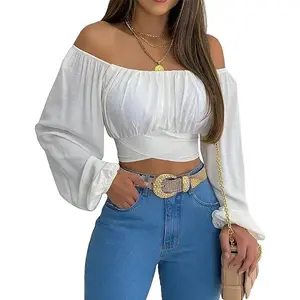 TANKANEO Woman Off Shoulder Ruched Tie Back Crop Top Summer Lantern Sleeve Boho Shirt Blouse
