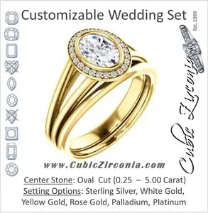 CZ Wedding Set, featuring The Mackenzie engagement ring (Customizable Oval Cut Bezel-set Split band with Halo)