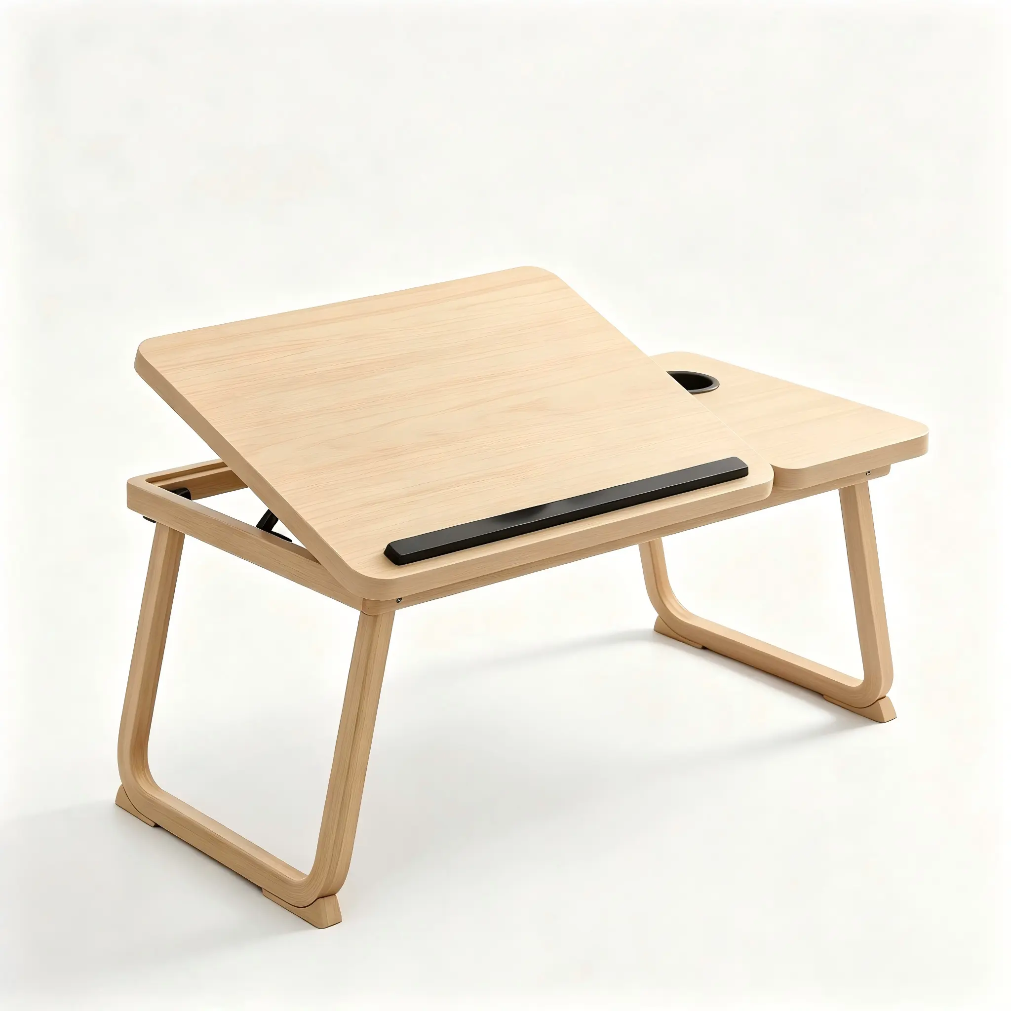 Black Wood Foldable Adjustable Laptop Desk with Built-in Cup Holder, Tiltable Compact Writing Table for Dorms, Study & Work