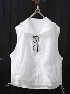 New Textured Hooded Vest for Women, Casual Loose Fit Slimming Zipper Sleeveless Sun Protection Outerwear, Stylish Capelet for Summer