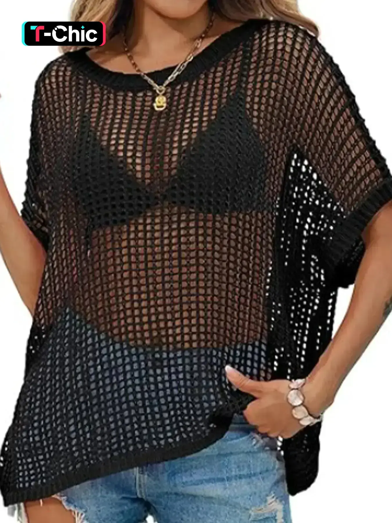 Women's Plain Round Neck Hollow Out Light Knit Crochet Knitting Fitted Sweater, Casual Cover Up Top for Summer, Fashion Women's Knitwear for Daily Wear, Knit Clothes