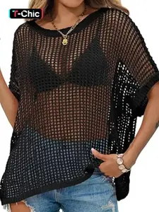 Women's Plain Round Neck Hollow Out Light Knit Crochet Knitting Fitted Sweater, Casual Cover Up Top for Summer, Fashion Women's Knitwear for Daily Wear