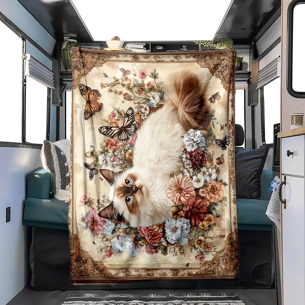 Comfortable all-season RV and car interior decoration - soft polyester flannel blankets with charming ragdoll cat designs, floral and butterfly accents, perfect for a cozy nap