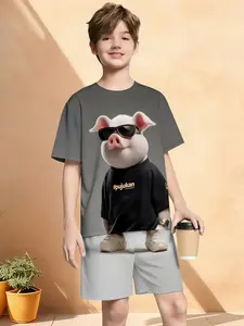 Boys' 3D John Pork Funny Sunglasses Pig Short Sleeve Set, Perfect for Parties, Holiday Gifts, Birthday Presents, Meme Clothing, Teen Meme
