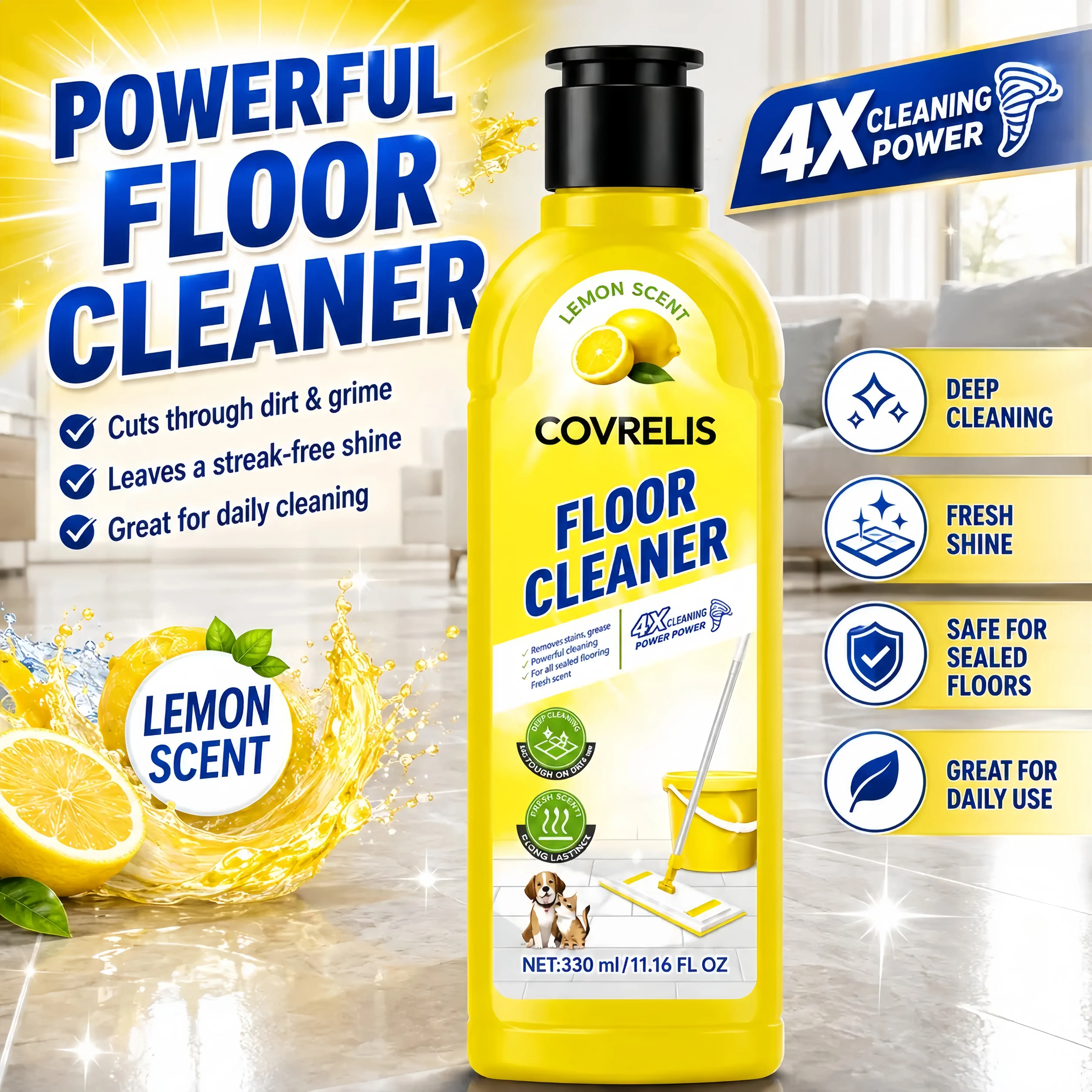 COVRELIS Lemon-Scented Floor Cleaner: A quick-drying, deep-cleaning solution for hardwood floors, tile, laminate, and vinyl flooring. It offers antibacterial, deodorizing, and polishing benefits, and effectively removes pet urine stains.