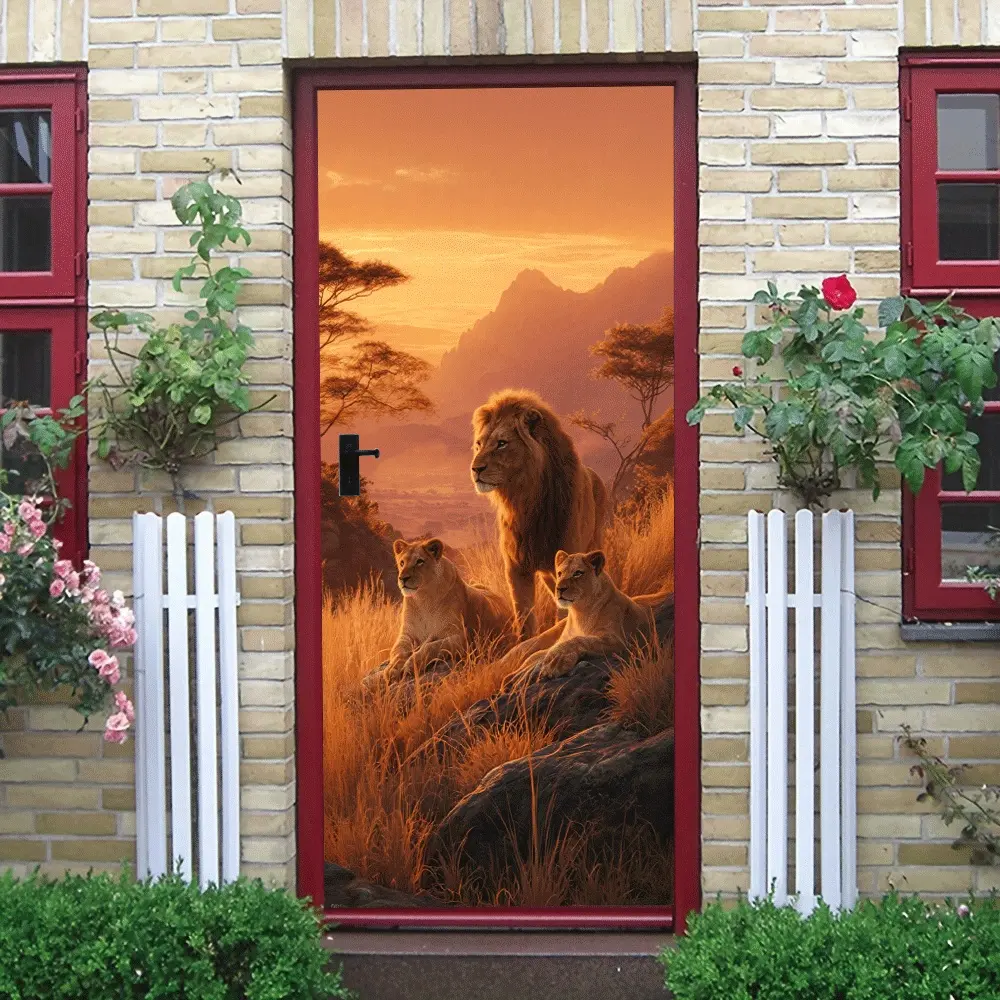 2pcs African Savanna Sunset Lion Family Wall Stickers Removable Self Adhesive Animal Theme Home Decor Murals for Living Room Kids Bedroom Eco Friendly PVC Material Cartoon Lion King Wall Decals